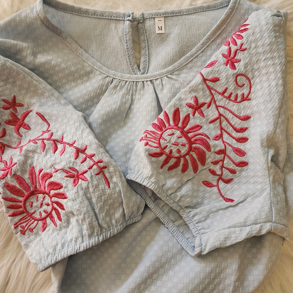 Embroidered Gray Top with Pink Accents